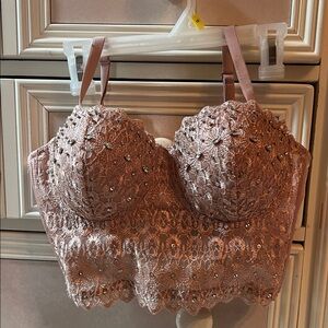 Embellished Lace Bustier Crop Top - Dusty Rose
